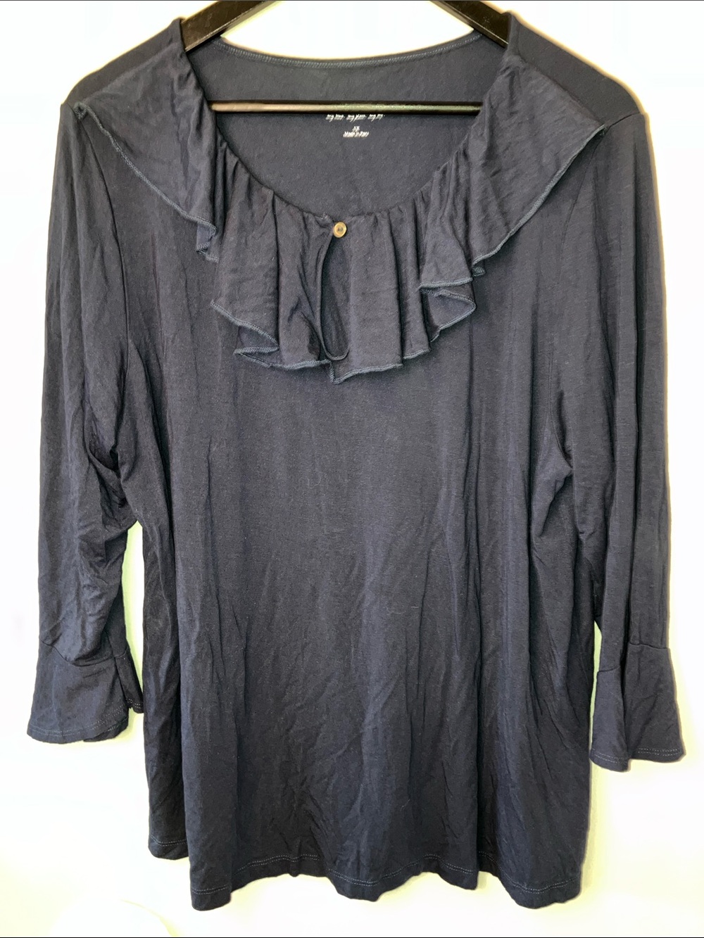 Soft Surroundings Plus Navy Ruffle Neck Long Sleeve Top Size 1X